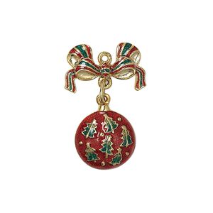 Charm, enamel and gold-finished "pewter" (zinc-based alloy), red and green, 27x17mm single-sided movable ornament with bow. Sold individually.