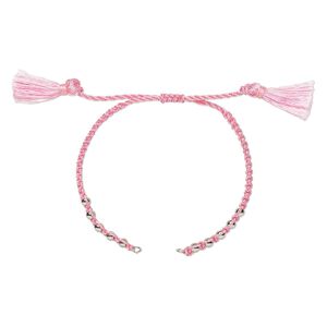 Bracelet component, nylon and silver-finished brass, pink, 9-3/4 inches with adjustable macram&eacute; closure and (2) 5mm open loops. Sold individually.
