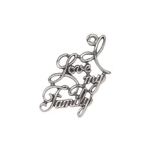 Charm, antiqued sterling silver 1pkg1, 26x17mm single-sided "I Love my Family."