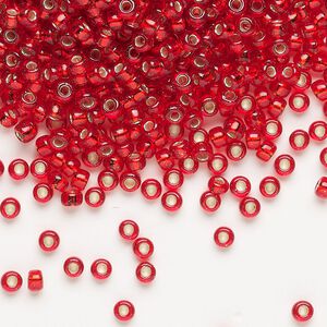 Seed bead, Miyuki, glass, pkg/250g, #8 rocaille, transparent silver-lined flame red, (RR-10).