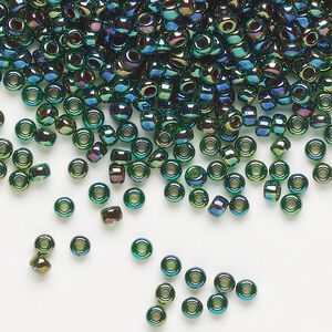 Seed bead, Miyuki, glass, pkg/50g, #8 rocaille, translucent cobalt-lined rainbow green (RR-344).