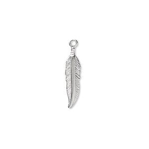 Charm, silver-plated brass, 18x4mm single-sided feather. Sold per pkg of 100.