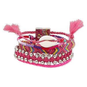 Bracelet, 5-strand, cowrie shell (natural) / nylon / polyurethane / silver-coated plastic / silver-plated "pewter" (zinc-based alloy), pink and multicolored, 37mm wide, 6-1/2 inches with magnetic locking clasp. Sold individually.