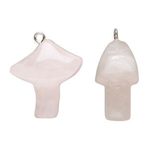 Drop 1pkg1, imitation rhodium-plated brass and rose quartz (natural), 25x21.5mm hand-carved mushroom