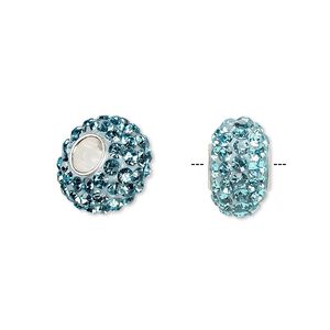 Bead 1pkg1 sterling silver, 13x8mm-14x8mm rondelle, epoxy / glass rhinestone / turquoise blue Dione&reg;