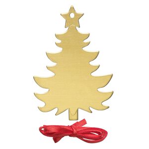 Ornament, ImpressArt&reg;, brass and polyester, 2-7/8 x 2 inch holiday tree with ribbon. Sold per pkg of 2.
