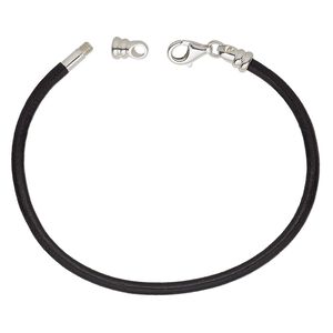 Bracelet cord, Dione&reg;, leather (dyed) and sterling silver, black, 3mm round with twist-off end, 7-1/2 inches with lobster claw clasp. Sold individually.