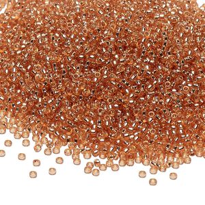 Seed bead, Miyuki 1pkg35g glass, #15 rocaille, Duracoat&reg; transparent silver-lined rose copper / outside dyed (RR-4262)