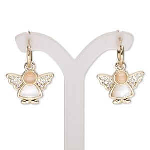 Earring, mother-of-pearl shell (bleached) / glass rhinestone / cat's eye glass / gold-finished "pewter" (zinc-based alloy) 1pkg2, white / peach / clear, 27mm with angel and round hoop with latch-back closure, 1 pair.