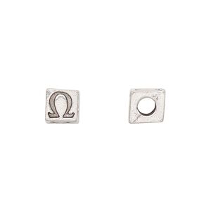 Bead 1pkg4 pewter, 7mm cube / Greek letter Omega, antiqued