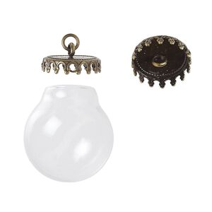 Drop, Keepsafe Keeper&trade;, glass and antique brass-plated "pewter" (zinc-based alloy), clear, 23x20mm with 21x20mm dome and 13.5x3.5mm cap with fancy edge and closed loop. Sold per 2-piece set.
