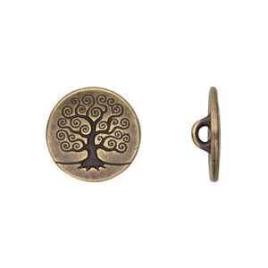 Button, TierraCast&reg;, antique brass-plated pewter (tin-based alloy), 16mm flat round with tree of life and loop. Sold per pkg of 20.