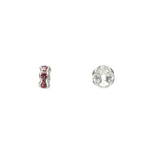Bead 1pkg10 silver-plated, 5x2mm rondelle, brass / rose rhinestone