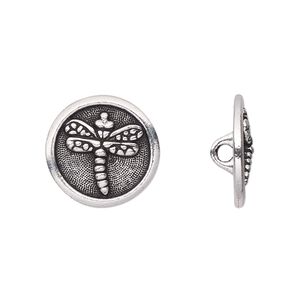 Button, TierraCast&reg;, antique silver-plated pewter (tin-based alloy), 17mm flat round with dragonfly and closed loop. Sold per pkg of 2.