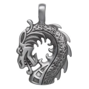 Pendant, Almost Jewelry&trade;, "pewter" (zinc-based alloy), 51x34mm dragon head. Sold individually.