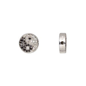 Bead 1pkg1 sterling silver, 10mm flat round yin-yang, cubic zirconia black & clear
