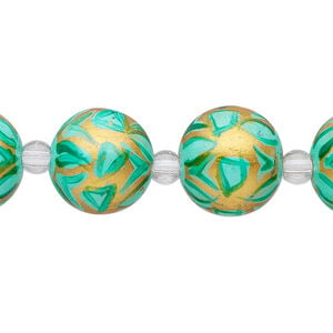Bead, glass 1pkg8, gold and teal green, 14mm hand-painted round.