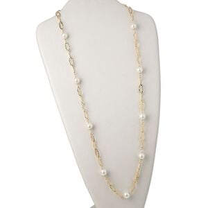 Necklace, glass and gold-plated brass, white, marquise link, 34 inches with lobster claw clasp. Sold individually.