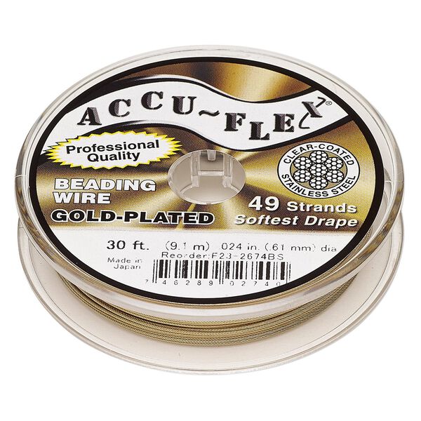 Beading wire, Accu-Flex&reg;, nylon and 24Kt gold-plated stainless steel, clear, 49 strand, 0.024-inch diameter. Sold per 30-foot spool. image number 0