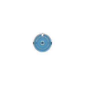 Drop, stainless steel, blue patina, 10mm single-sided domed round. Sold per pkg of 8.