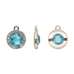 Drop, glass / glass rhinestone / gold-finished "pewter" (zinc-based alloy), clear and transparent sapphire blue, 15.5mm single-sided round. Sold per pkg of 2.