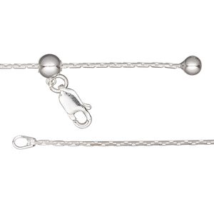 Chain 1pkg1 sterling silver cable, 1mm long flat / lobster claw clasp, Gossamer&trade; adjustable 16-24 inch
