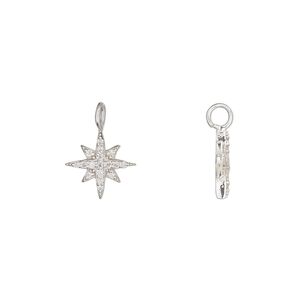 Charm 1pkg1 sterling silver / cubic zirconia 10.5x10.5mm star perpendicular loop, clear