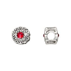 Bead 1pkg1 silver-plated pewter, 11mm round star / 2sided, ruby red crystal / antique Dione&reg;