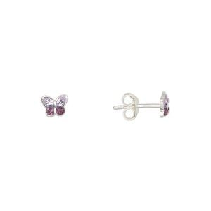 Earstud sterling silver / Preciosa crystal 1pkg2, 5.5x4.5mm butterfly / earnuts included, Create Compliments&reg; purple / light purple 1 pair