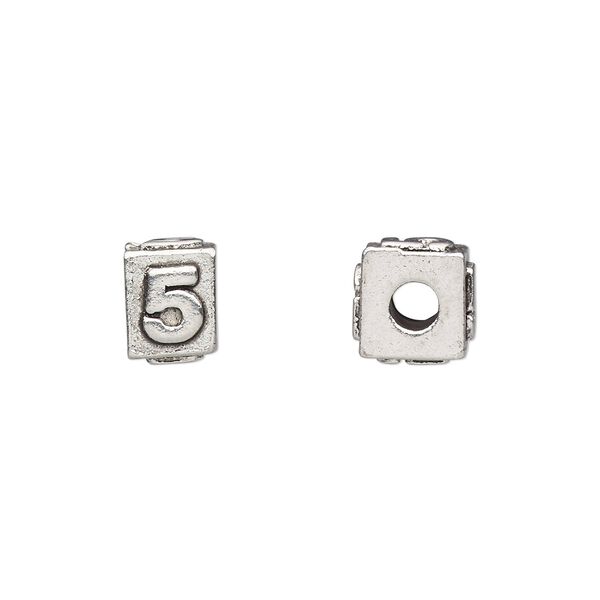 Bead 1pkg4 pewter, 8x6mm rectangle / number 5, antiqued Dione&reg; image number 0