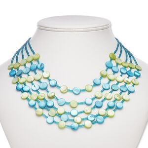 Necklace, 5-strand, mother-of-pearl shell (dyed) / acrylic / silver-plated steel / "pewter" (zinc-based alloy) 1pkg1, blue / green / teal, 10mm round, 18 inches with lobster claw clasp and 1-inch extender chain.