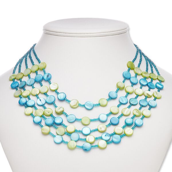 Necklace, 5-strand, mother-of-pearl shell (dyed) / acrylic / silver-plated steel / "pewter" (zinc-based alloy) 1pkg1, blue / green / teal, 10mm round, 18 inches with lobster claw clasp and 1-inch extender chain. image number 0