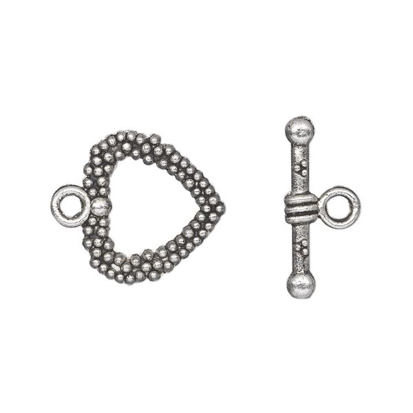 Clasp toggle 1pkg20 silver-plated "pewter" (zinc alloy), 16mm double-sided beaded heart, antique 1-strand image number 0