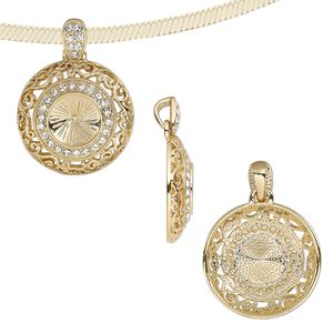 Pendant, Almost Instant Jewelry&reg;, crystals and gold-finished "pewter" (zinc-based alloy), crystal clear, 32mm round with swirl cutout design and 14mm rivoli setting. Sold individually.