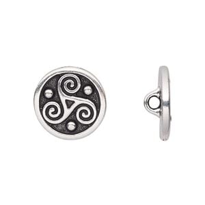 Button, TierraCast&reg;, antique silver-plated pewter (tin-based alloy), 16mm flat round with triskele and closed loop. Sold per pkg of 2.