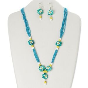 Necklace and earring set, glass / lampworked glass / silver-finished steel, multicolored, 1-1/2 inch dangle with flower, 20 inches with lobster claw clasp, 2-1/4 inch earrings with fishhook ear wire. Sold per set.