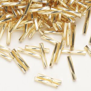 Bead, Miyuki, bugle bead, glass, pkg/250 g, 12x2mm center-drilled twisted, opaque gold (TW-3).