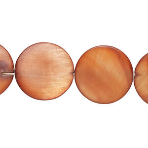 Mother-of-pearl shell 1pkg1, puffed flat round bead 15 inch burnt orange 17-18mm