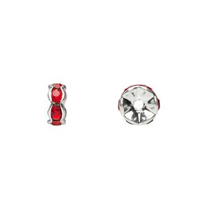 Bead 1pkg10 silver-plated, 7x3mm rondelle, brass / red rhinestone