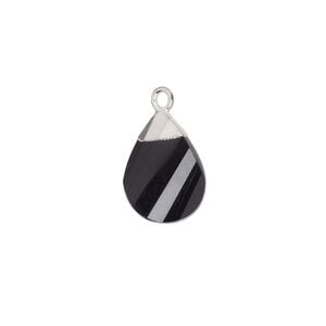 Drop 1pkg1, electroplated sterling silver and black onyx, 13x9mm hand-cut flat faceted twisted teardrop