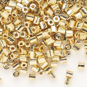 Seed bead, Dyna-Mites&trade;, glass, opaque 24Kt gold-plated, #6 hex 2-cut. Sold per 40-gram pkg.