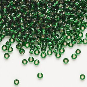 Seed bead, Miyuki, glass, pkg/50g, #8 rocaille, transparent silver-lined green, (RR-16).