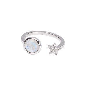 Ring Create Compliments&reg; 1pkg1 rainbow moonstone / cubic zirconia / sterling silver, 8.5mm size 8 star / moon, size 8.clear / rhodium plate