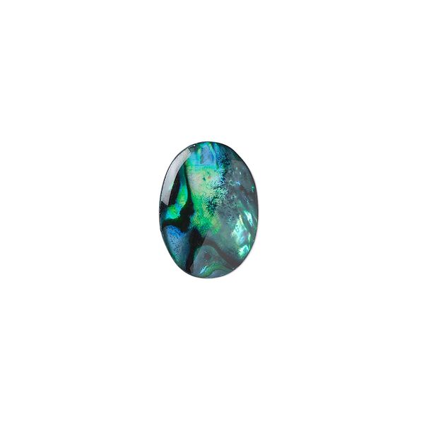 Cabochon, paua shell (coated / dyed), green, 14x10mm calibrated oval, Mohs hardness 3-1/2. Sold per pkg of 6. image number 0