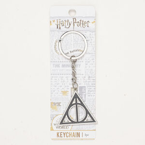 Keychain, silver-finished steel and enamel, black, 4 inches with 42x36mm Deathly Hallows&copy; and split ring.