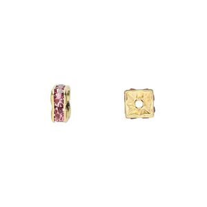 Bead 1pkg10 gold-finished, 6x3mm squaredelle, brass / rose rhinestone