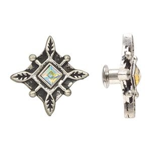 Component, glass with antiqued silver-finished steel and "pewter" (zinc-based alloy), clear AB, 16x16mm square with leaf design and screw fastener. Sold individually.
