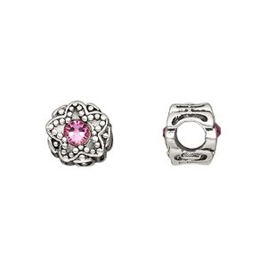 Bead 1pkg1 silver-plated pewter, 11mm round star / 2sided, rose crystal / antique Dione&reg;