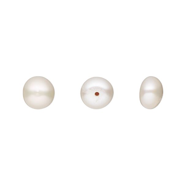 Pearl, White Lotus&trade;, cultured freshwater (bleached), white, 7-7.5mm half-drilled button, B grade, Mohs hardness 2-1/2 to 4. Sold per pair. image number 0