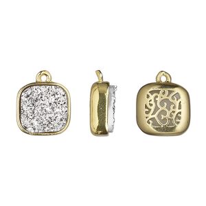 Drop, Druzylite&trade;, "druzy" (resin) and gold-finished brass, silver, 11.5mm two-sided square with open filigree back. Sold per pkg of 4.
